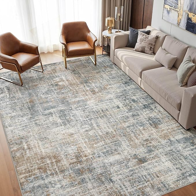 cotiled Washable 6x9 Area Rug for Living Room - Modern Abstract Carpet with Non-Slip Backing, Low Pile & Soft, Stain Resistant, Kid & Pet Friendly Decor for Bedroom & Dining Room - Blue Brown