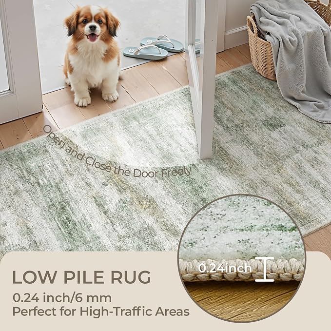 2x12 Runner Rug Non Slip,Washable Hallway Runner Rug,Green | Long Neutral Rugs for Kitchen,Entryway,Bedroom,Bathroom,Laundry Room,Thin,Soft Runner Rug,Stain Resistant Indoor Carpet