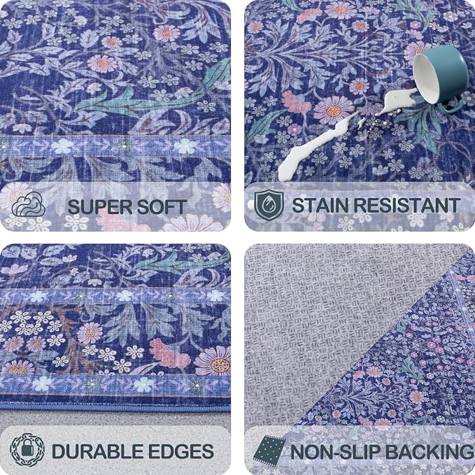 Area Rug for Living Room, 10x12 Large Washable Rugs for Dining Room, Bedroom, Non Slip Stain Resistant Carpet, Low Pile Vintage Floral Rug (Blue)