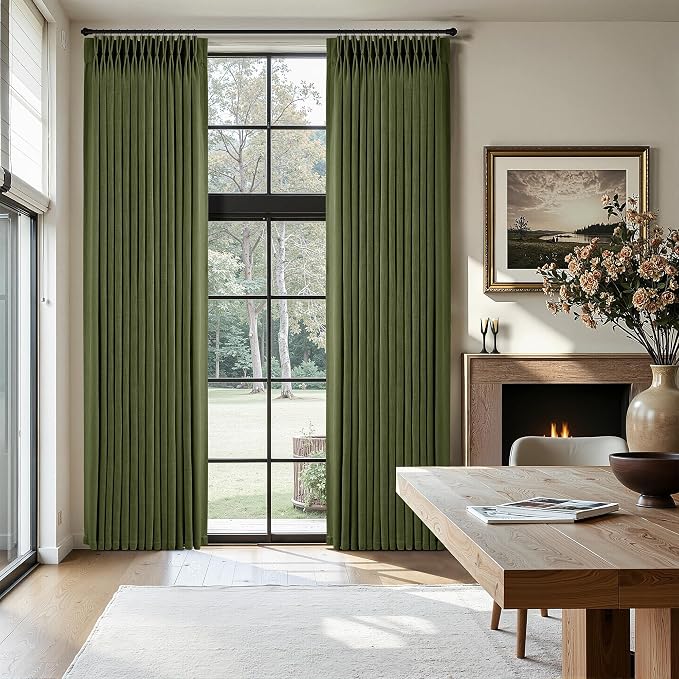 Olive Green Pleated Linen Curtains 84 Inches Long for Living Dining Room Bedroom Light Filtering Boho Window Drapes 2 Panels with Hooks Rings Clips Sliding Glass Door Semi Sheer Curtain Pinch Pleat