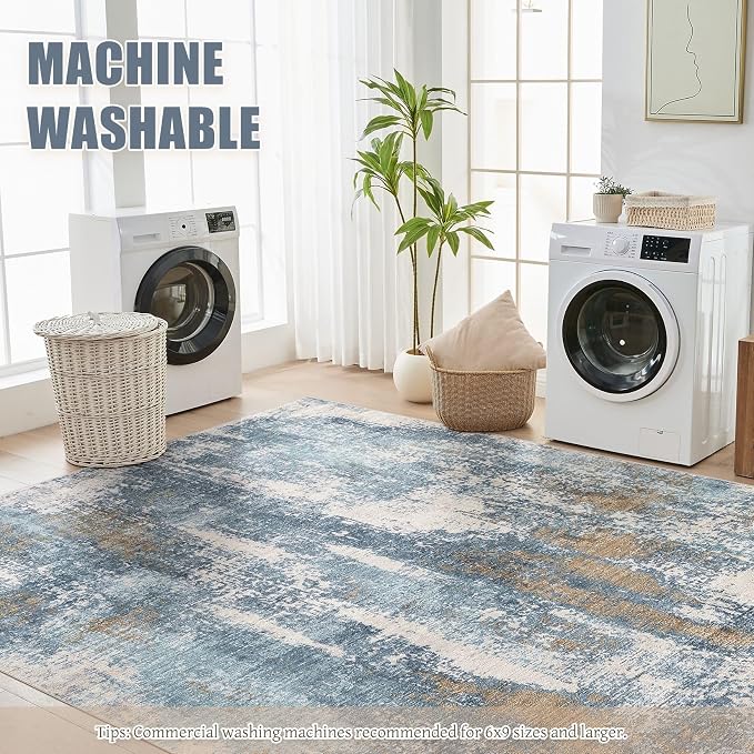 DMOYEST Area Rug Living Room Rugs - 8x10 Washable Large Soft Indoor Neutral Modern Abstract Low Pile Rug Carpet for Bedroom Dining Room Farmhouse Home Office - Blue Brown