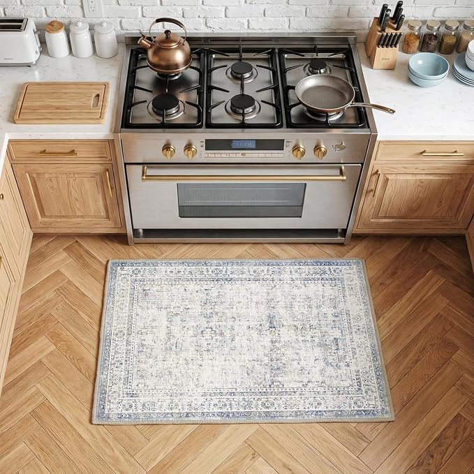 FMFUNCTEX Entryway Rug 2x3 Blue Washable Neutral Vintage Distressed Oriental Door Mat Non Slip Low Pile Indoor Carpet Soft Retro Small Throw Area Rugs for Entry Entrance Bedroom Kitchen Bathroom