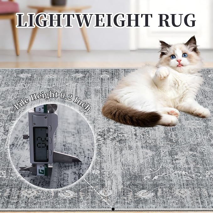 8x10 Area Rugs for Living Room, Vintage Boho Carpet for Bedroom, Gray | TTelephant Washable Low Pile Indoor Area Rug for Dining Room with Non-Slip Silicone Backing, Stain Resistant