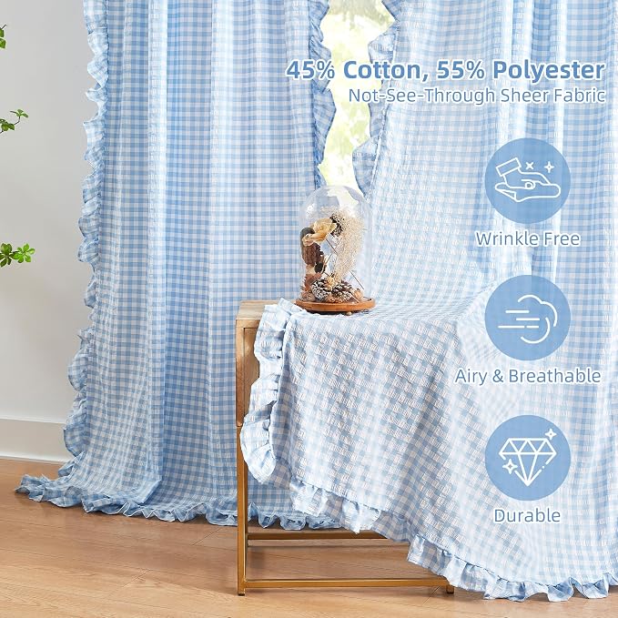ZJDECOR 72 Inch Baby Blue Buffalo Plaid Ruffle Window Curtains Rod Pocket | Crinkled Not-See-Through Sheer Cortinas,45% Cotton,55% Poly,Farmhouse Window Treatment,Bedroom Living Room,40"Wx72"Lx2