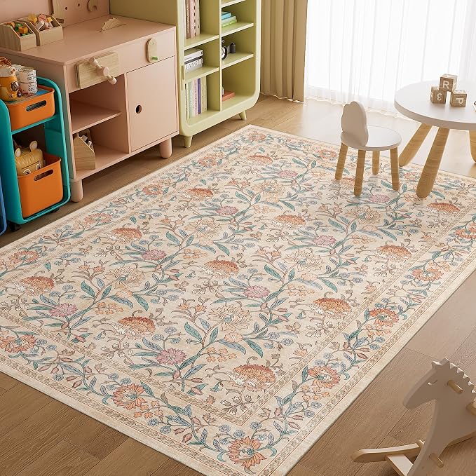 DUKINO 6x9 Area Rug, Vintage Floral Washable Rugs for Living Room, Beige | Non Slip, Low Pile, Non-Shedding, Stain Resistant Soft Large Carpet for Bedroom Home Office Dining Room Farmhouse, Home Decor