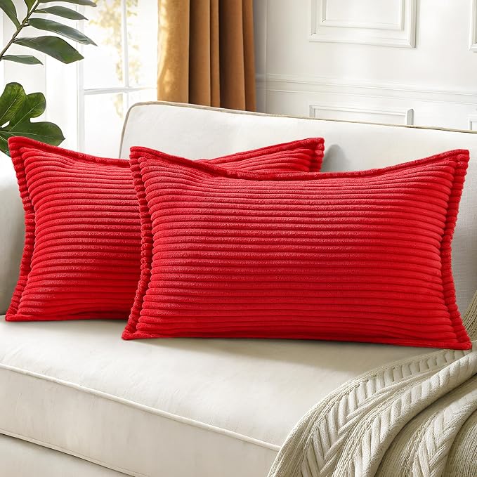 decorUhome Fall Corduroy Red Throw Pillow Covers 12x20 Set of 2 | Lumbar Couch Decorative Soft Modern Boho Farmhouse Pillow Covers Broadside Striped Pillow Cases for Living Room Bed Sofa