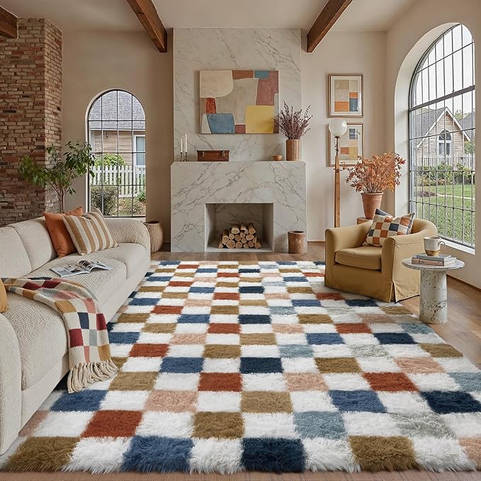 PureCozy Checkered Rug 8x10 for Living Room, Modern Rainbow Shag Rug Washable Non-Slip Large Area Rug Super Soft Indoor Fuzzy Carpet Fluffy Rugs for Bedroom Home Aesthetic Decor