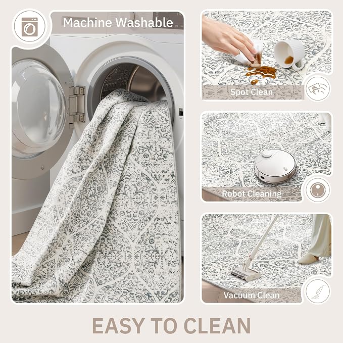 Soalmost 9x12 Area Rugs for Living Room, Washable Moroccan Trellis Soft Rug | Stain Resistant Non-Slip Low Pile Natural Large Carpet for Dining Room Bedroom Home Office Nursery Grey, 9'x12'