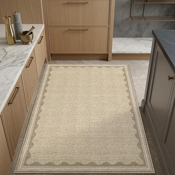GarveeHome Scalloped 4 x 6 Rug Non-Slip Washable Low-Pile Carpet - Solid Tan Jute Digital Printing Modern Rugs for Bedroom Living Room Nursery Kitchen Indoor Mat with Rubber Back