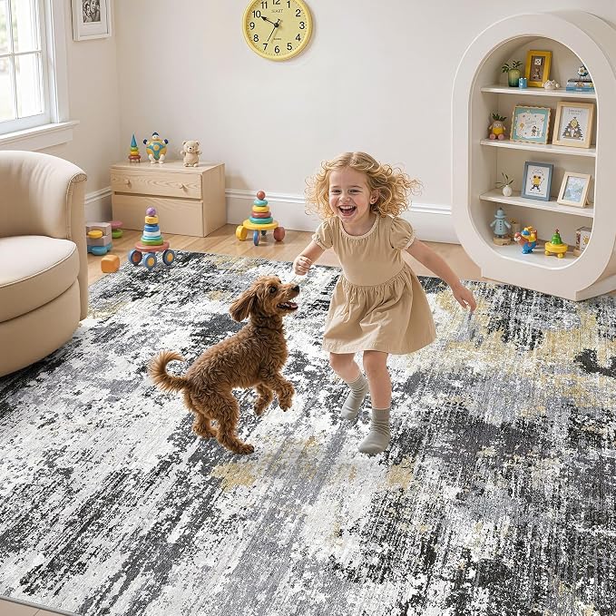 UERMEI 6x9 Area Rug for Living Room - Washable Neutral Modern Abstract Carpet, Non-Slip Soft Large Indoor Floor Rugs for Bedroom Home Office & Under Dining Table Decor, Black/White/Gold