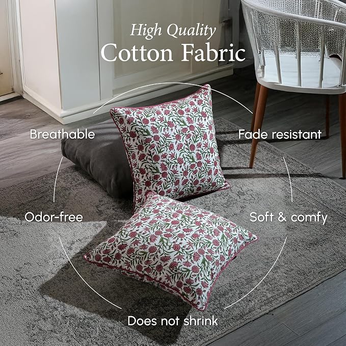 CPC 100% Cotton Throw Pillow Covers 24x24 Inch, Set of 2 Red Block Print Pattern Couch Pillow, Cute Boho Decorative Pillows for Living Room, Bedroom with Hidden Zipper- Red Garnet