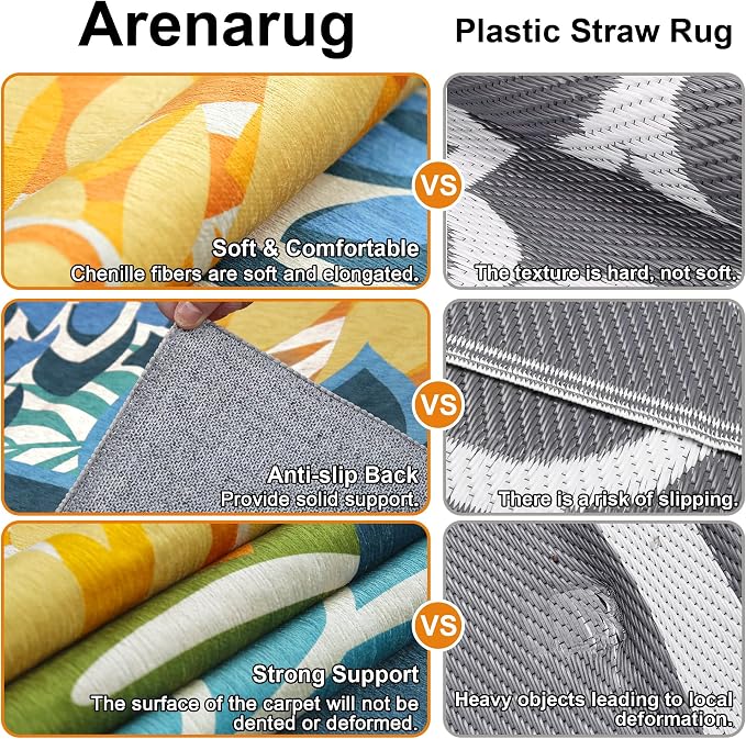Colorful 9x12 Outdoor Area Rug Washable Multicolored Patio Rug Tropical Botanical Floral Chenille Waterproof Outdoor Carpet Non-Slip for Deck, Backyard, Porch, Green