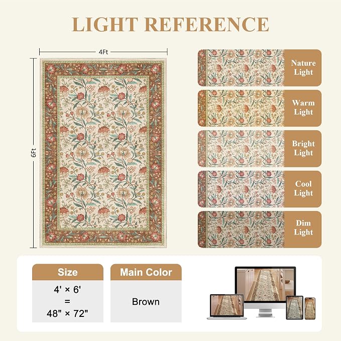 DUKINO 4x6 Area Rug, Washable Vintage Floral Rug for Living Room, Brown | Non Slip, Low Pile, Stain Resistant Boho Lightweight Soft Indoor Carpet for Bedroom Office Dining Room Entryway Farmhouse