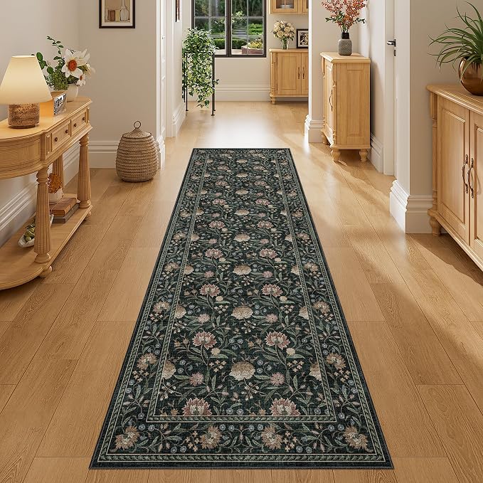 DUKINO 2x6 Runner Rug, Washable Vintage Floral Kitchen Rug, Dark Green | Non Slip, Low Pile, Non-Shedding, Stain Resistant Soft Carpet Runner for Hallway Bathroom Entryway Bedroom Laundry Farmhouse