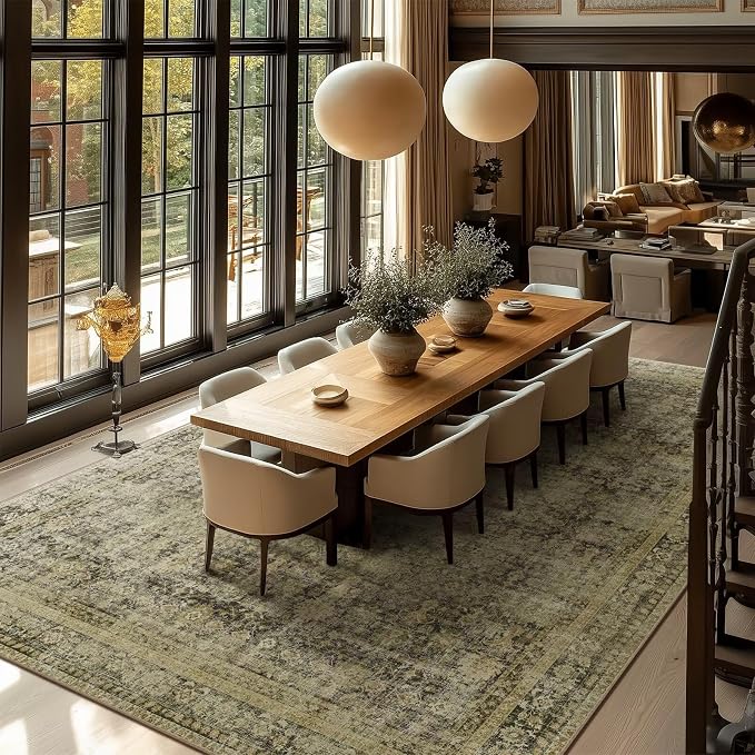 Boho Washable 10x14 Area Rugs for Living Room, Cushioned, Dark Green | Vintage Non-slip Neutral Oriental Rugs for Bedroom Dining Room Nursery Office High Traffic Area
