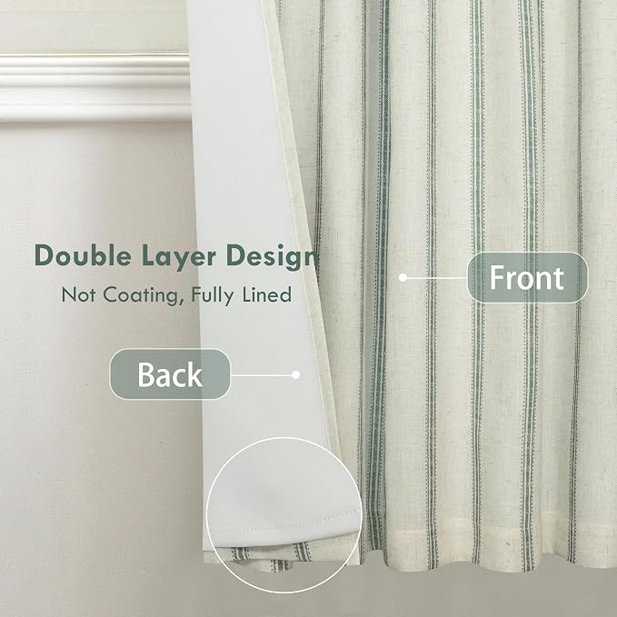 DriftAway Farmhouse Stripe Blackout Curtains, W52xL63, Loden Green | Blackout, Linen Texture, Stripe Pattern, Rod Pocket & Back Tab, Two Layers, Bedroom Living Room Use, Sound Reducing Design