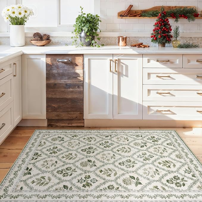Green and Beige Rugs 4x6 Nursery Area Rugs Washable for Living Room, Christmas Faux Wool Soft Floral Boho Vintage Indoor Carpet for Bedroom, Dark Emerald Olive Green Flower and Leaf