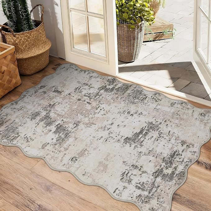 ROYHOME Modern Abstract 2x3 Scalloped Area Rug Non Slip Non Shedding Low Pile Stain Resistant Rug for Entryway Kitchen Bedroom,Brown Grey