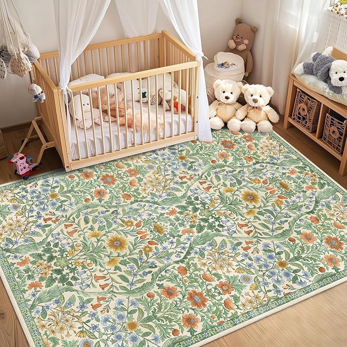 5×7 Grass Green Washable Floral Area Rug,Vintage Boho Soft Low-Pile Living Room Rugs, Stain Resistant Botanical Non-Slip Carpet for Bedroom,Dining Room, Kids Nursery,Home Decor