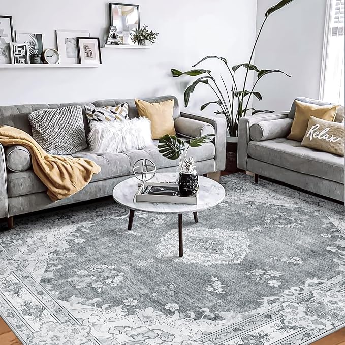 MUJOO Grey Washable Rug 8x10 Area Rugs Non Slip Low-Pile Floral Large | Machine Washable Throw Carpet for Living Room Bedroom Dining Room Boho Soft Floor Indoor Vintage Bohemian Flowers