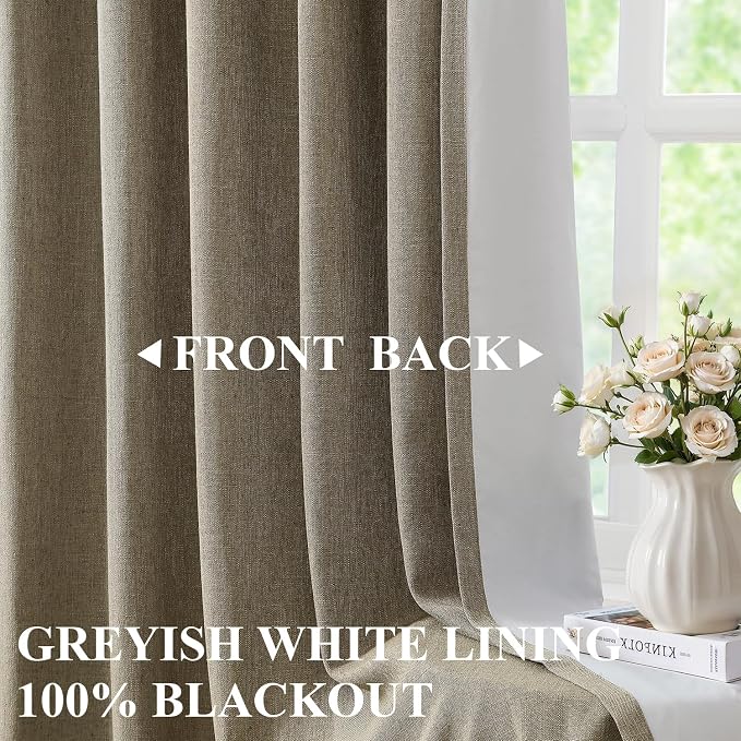 Vision Home Brown Pinch Pleated Full Blackout Curtains Linen Blended 60 inch Wide Thermal Insulated Window Panels for Bedroom Living Room Darkening Pinch Pleat Drapes with Hooks Back Tab 60" Wx63 Lx1