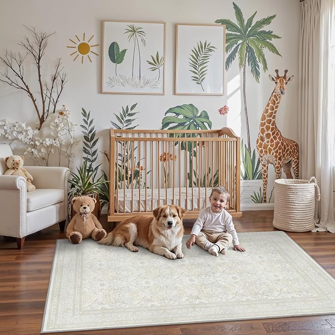 Bavni Vintage Floral Rugs 6X9, Washable Area Rug with Non Slip Backing, Low Pile for Living Room, Bedroom & Home Decor, Lightweight Carpet, Beige Cream