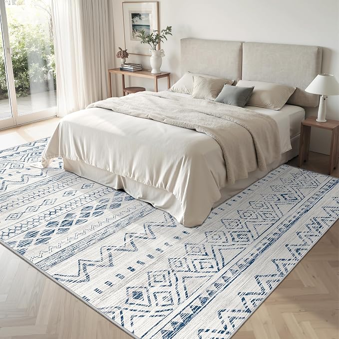 Miukiki 5x7 Area Rug for Living Room Moroccan Washable Rugs Non Slip Indoor Floor Carpet Foldable Large Soft Area Rug for Dining Room Bedroom with Low Pile(Blue,5'x7')