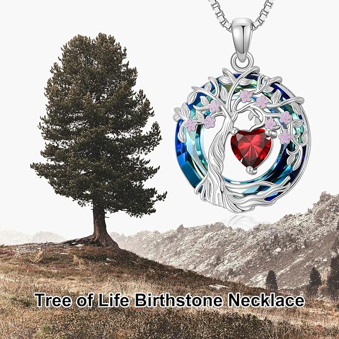 Tree of Life Birthstone Necklace 925 Sterling Silver Crystal Tree of Life Pendant Birthstone Jewelry Birthday Christmas Gifts for Women Mom Her Wife