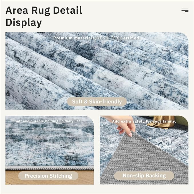 Soalmost Runner Rug 2x12 Washable Non-Slip Hallway Runner Rugs for Kitchen Bathroom Laundry Room Blue/Grey Vintage Floor Carpet Runners for Hallways Entryway
