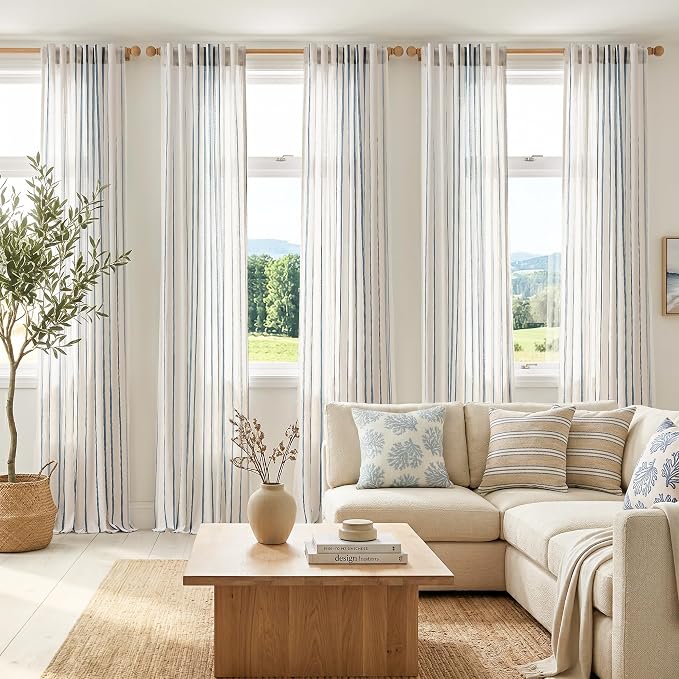 Vangao Striped Curtains Blue on White Semi Sheer Curtains 96 Inches Long for Living Room Bedroom Modern Farmhouse Linen Textured Light Filtering Drapes 2 Panels Blue W50 x L96 Inch