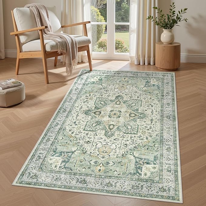 Tortania Area Rug Living Room Rugs - 3x5 Washable Rug Vintage Oriental Distressed Farmhouse Small Thin Indoor Carpet for Living Room Bedroom Under Dining Table Home Office - Green