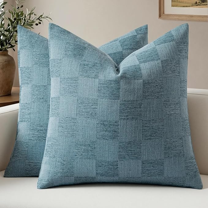 a moment Set of 2 Decorative Linen Throw Pillow Covers,Large Grid Textured Neutral Boho Farmhouse Cushion Covers,Soft Aesthetic Pillowcases for Couch Sofa Living Room Home Decor,18x18 Inch,Blue