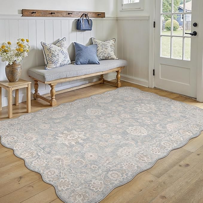 5x7 Blue Cream Washable Scalloped Area Rug for Living Room Bedroom Neutral Floral Soft Non Slip Rug Low Pile Distressed Carpet for Dining Room Nursery Office Indoor