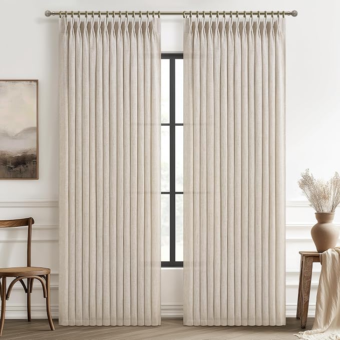 PleatedDrapes 70 Inch Extra Wide Natural Linen Light Filtering Curtains 92 Inches Long for Office, Memory Shape Pleat Privacy Neutral Curtain with Hooks & Rings Semi Sheer Windows Drapes 2 Panels Set