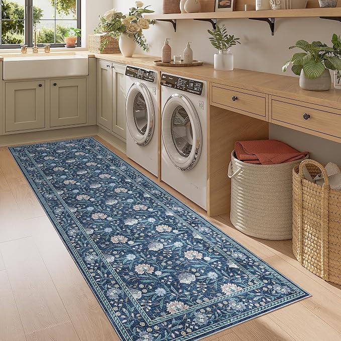 DUKINO 2x6 Runner Rug, Washable Vintage Floral Kitchen Rug, Dark Blue | Non Slip, Low Pile, Non-Shedding, Stain Resistant Soft Carpet Runner for Hallway Bathroom Entryway Bedroom Laundry Farmhouse