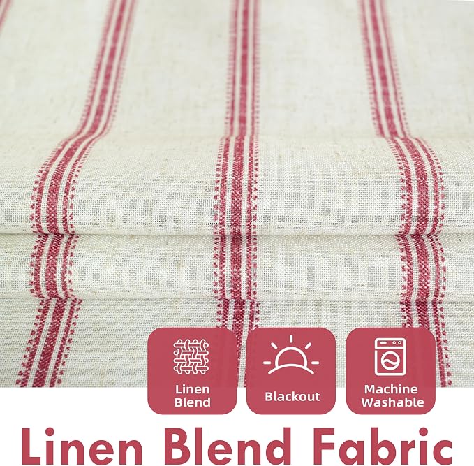 DriftAway Farmhouse Stripe Blackout Curtains, W52xL84, Red | Blackout, Linen Texture, Stripe Pattern, Rod Pocket & Back Tab, Two Layers, Bedroom Living Room Use, Sound Reducing Design