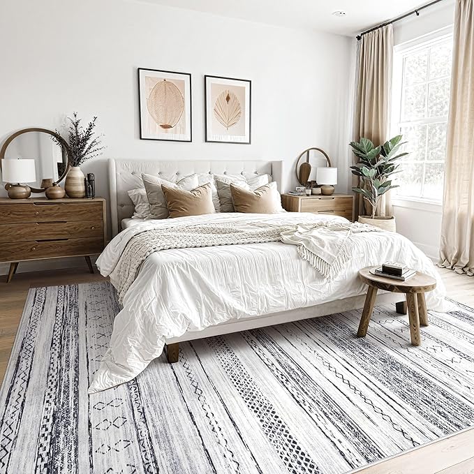 Tortania Area Rug Living Room Rugs - 10x14 Washable Large Soft Neutral Boho Moroccan Bohemian Farmhouse Rug Indoor Floor Carpet for Bedroom Under Dining Table Home Office Decor - Grey