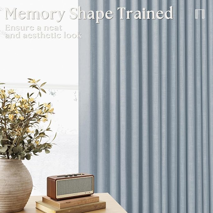 Dusty Blue Pinch Pleated Linen Semi Sheer Curtains 45 Inch Length 2 Panels | for Kitchen Small Bay Window Basement, Pinch Pleated with Hooks Rings Back Tab, Memory Shape, Thick Linen Semi Sheer, W40xL45