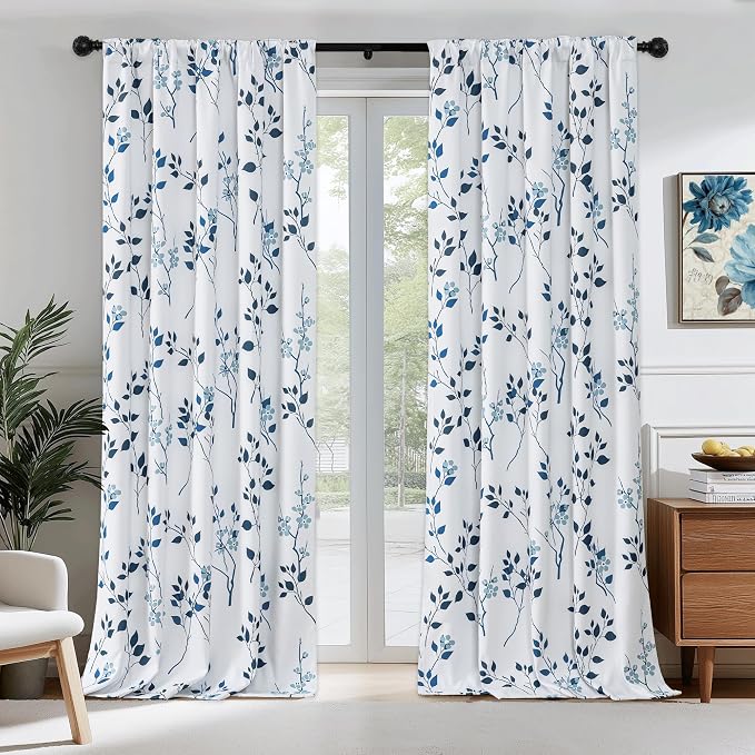 Beauoop Floral 100% Blackout Curtains for Bedroom Navy Blue 52X90 2 Panels | Flower Patterned Navy White Room Darkening Drapes for Living Room 90 Inch Long Thermal Soundproof Window treatment Rod Pocket