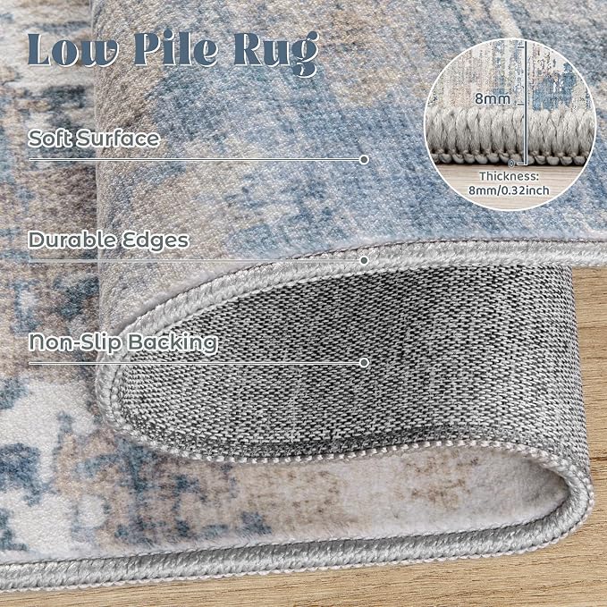 XLUEZ 6x9 Area Rugs for Living Room, Washable Modern Abstract Large Area Rug Neutral Soft Non Slip Kids Rug Stain Resistant Indoor Carpet for Bedroom Nursery Dining Room Playroom(BlueBeige, 6'x9')