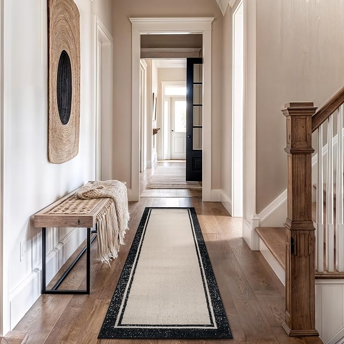 Rugshop Modern Transitional Bordered Runner Rug Low Pile Cream 2' 3" x 12'