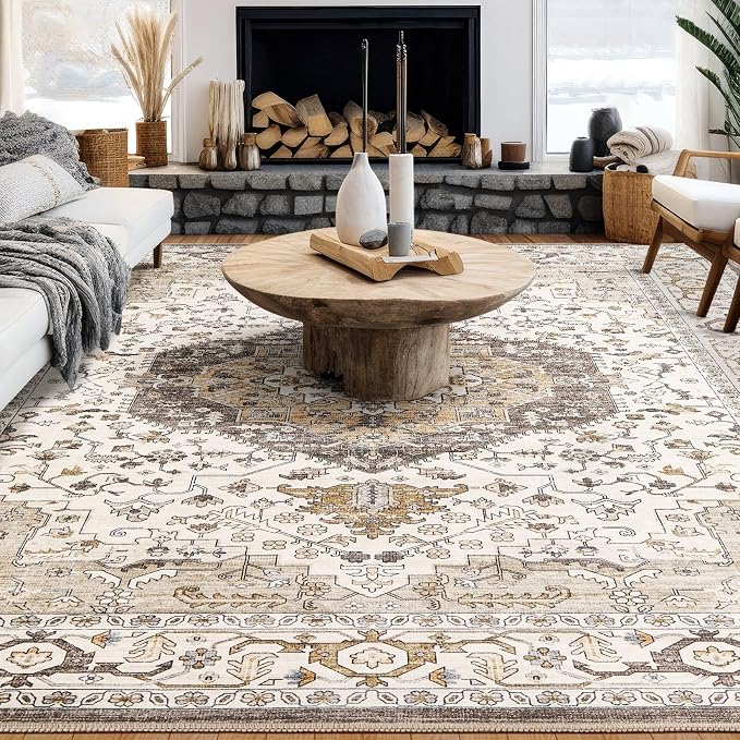 Area Rug for Living Room - 6x9 Soft Washable Oriental Vintage Floral Distressed Large Carpet - Fade Stain Resistant Non Slip Rugs for Bedroom Dining Room Nursery Dorm Office Home Decor-Camel/Beige