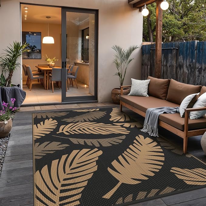 GENIMO Outdoor Rug, Waterproof Plastic Rugs for Patio, 9'x12' Black Brown | Outside Larger Leaf Carpet Mat for Porch Decor, Deck, Balcony, Camping, RV, Backyard, Picnic, Beach, Reversible, Foldable