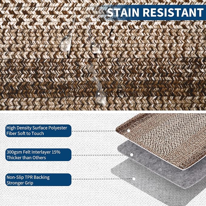 RUGSREAL Large Bedroom Rug 6x9 Machine Washable Area Rug Braided Print Boho Accent Carpet Throw Floor Cover Farmhouse Rustic Rug Geometric Bordered Braided Carpet for Living Room Home Office, Brown