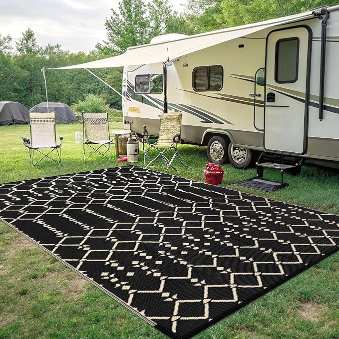 Smiry Outdoor Rug 8x10 ft, Waterproof Reversible Plastic Straw Rugs, Boho Outdoor Area Rug, Outside Floor Mat for Patio, Backyard, Deck, Picnic, Beach, Camping, Beige