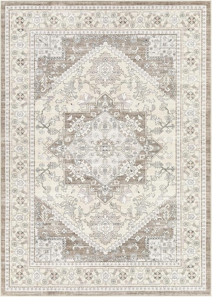 6x9 Vintage Area Rug: Washable Neutral Soft Non Slip Thin Large Floor Carpet for Living Room Bedroom Kitchen Dining Room Home Office Farmhouse Indoor - Brown