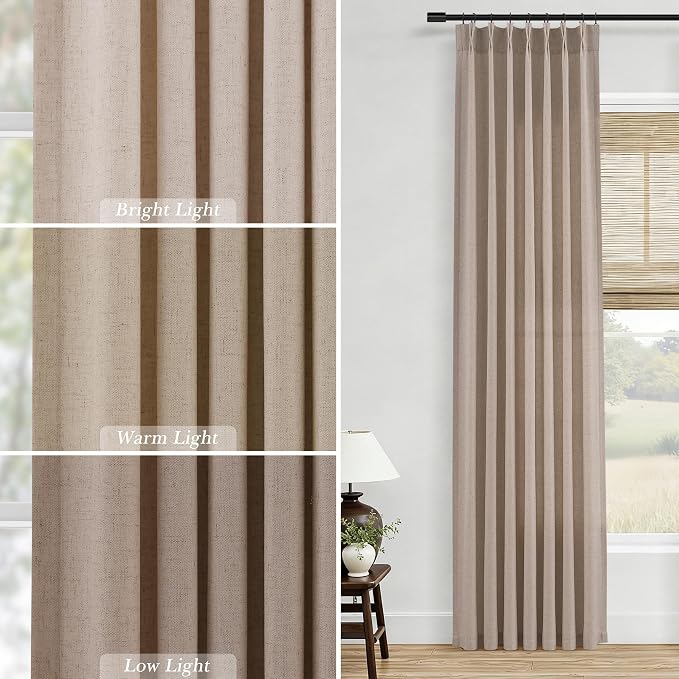 Aersas Sand Beige Pinch Pleat Linen Curtains 96 Inches Long for Living Room Dining 2 Panels Pinch Pleated Drapes Hooks Farmhouse Neutral Light Filtering Semi Sheer Curtain for Bedroom 40x96