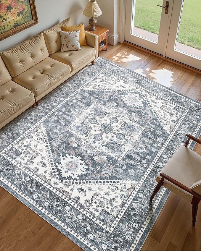 5x7 Vintage Area Rug: Washable Neutral Soft Non Slip Thin Large Floor Carpet for Living Room Bedroom Kitchen Dining Room Home Office Farmhouse Indoor - Blue