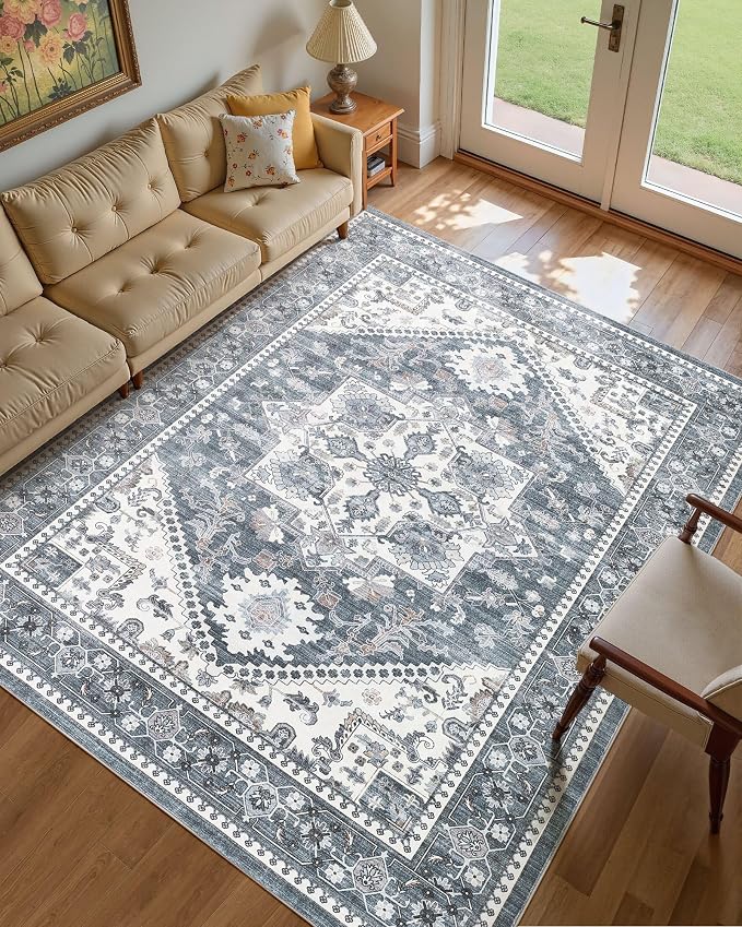 12x15 Vintage Area Rug: Washable Neutral Soft Non Slip Thin Large Floor Carpet for Living Room Bedroom Kitchen Dining Room Home Office Farmhouse Indoor - Blue