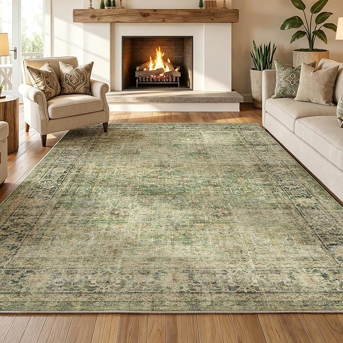 Beauoop 6x9 Washable Green Vintage Retro Large Area Rug for Living Room | Distressed Oriental Traditional Faded Non Slip Low Pile Thin Soft Indoor Throw Rug Pattern Bedroom Dining Room Office Nursery